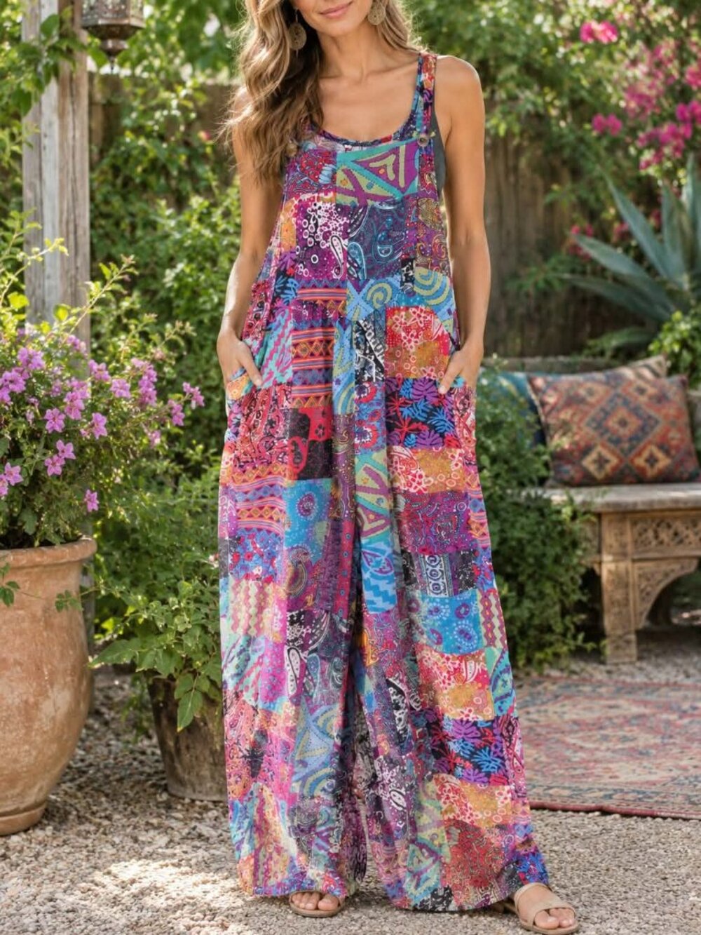 EKOUAER Women's NEW Overall Jumpsuit One Piece Patchwork Blue Wide Leg SZ Large